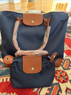 Navy and Tan Women's Tote with Matching Pouch - Classic Nylon Handbag
